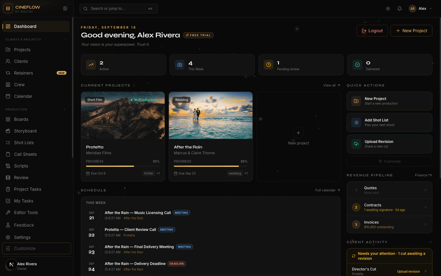 CineFlow dashboard showing active projects, this week's schedule, and revenue pipeline in one view.